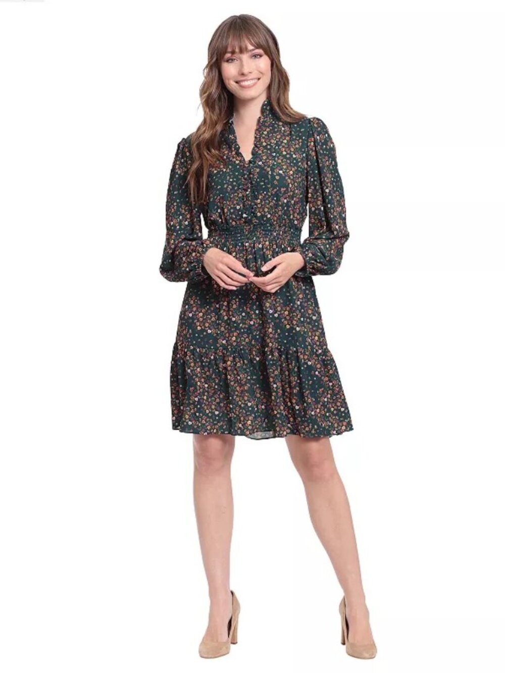 Women's London Times Collar Tiered Floral Dress with Smocking and Ruffle Size 12